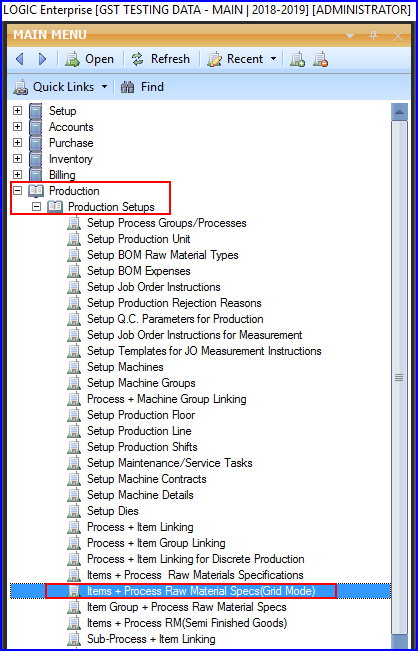 Item-Process Raw Material Specs-Grid Mode
